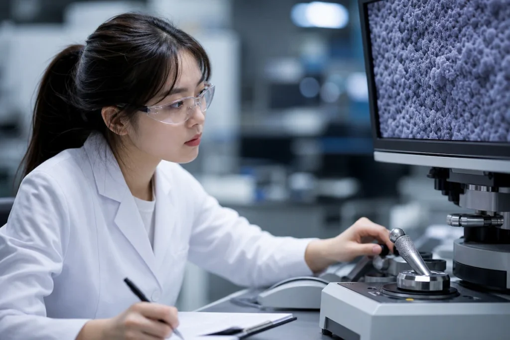생체적합성 임플란트 소재 표면을 분석하는 바이오 소재 연구원