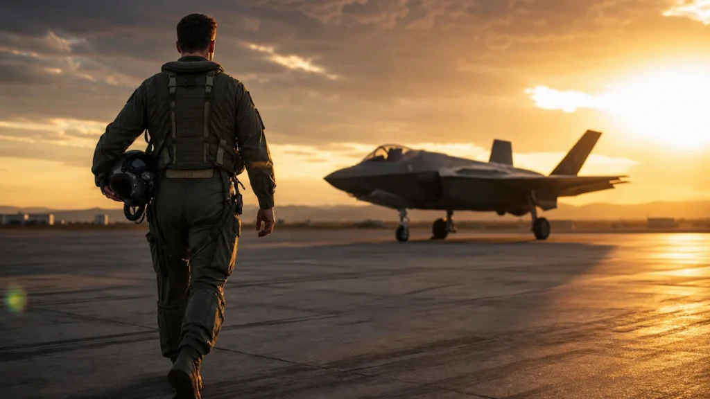 F-35 스텔스 전투기를 향해 걸어가는 전투기 조종사