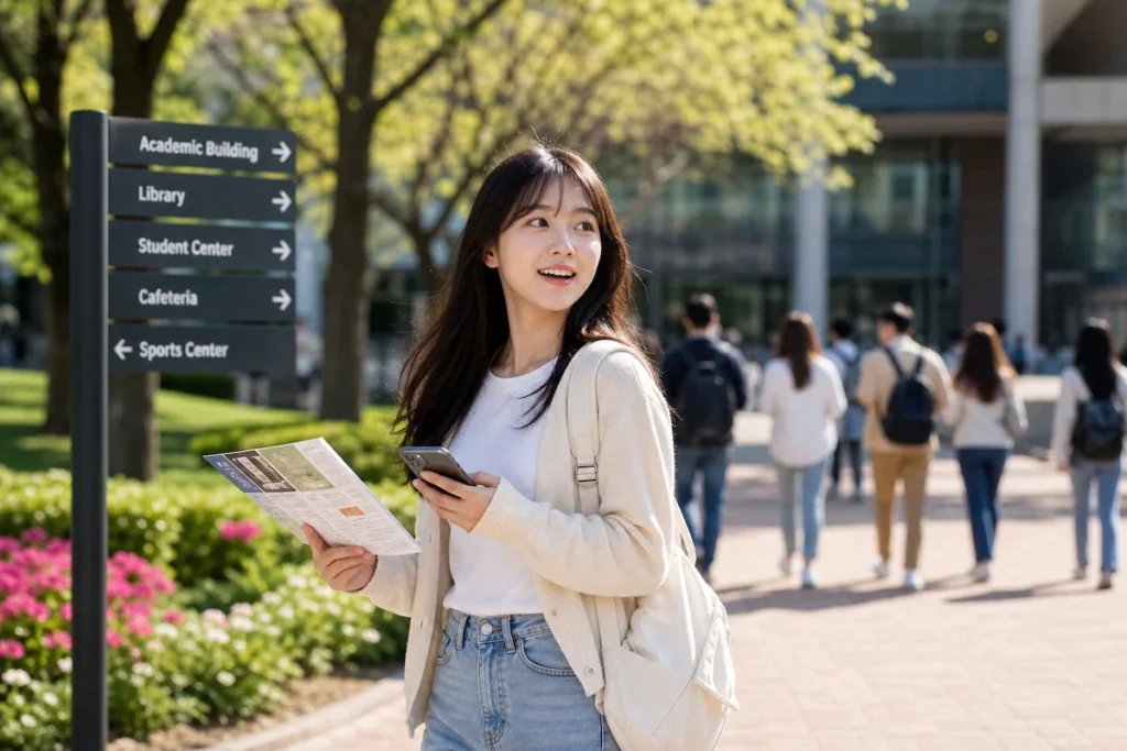 대학 캠퍼스 생활을 즐기는 신입생