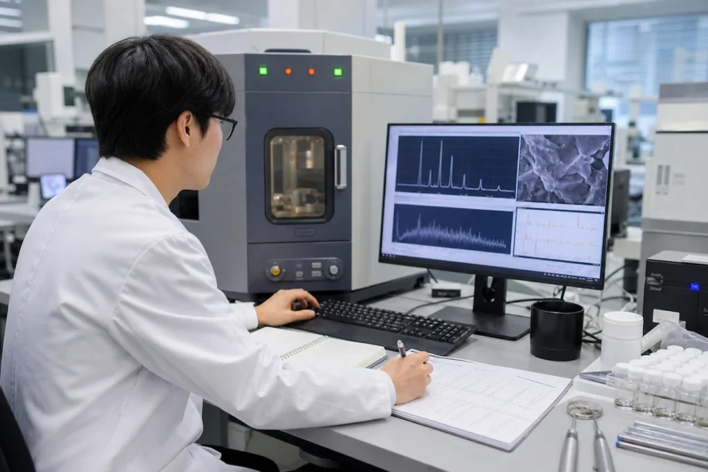 X선 회절분석기 앞에서 재료 특성 데이터를 분석하는 재료공학과 학생