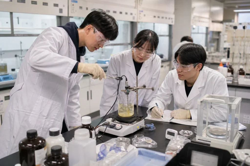 화학 실험실에서 신소재 합성 실험을 협력하는 신소재공학과 학생들