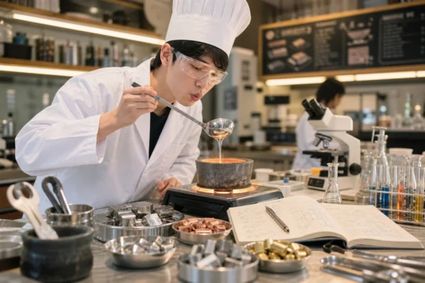 요리사가 양념을 조절하듯 금속의 비율을 맞춰 새로운 합금을 개발하는 신소재공학과 금속공학 트랙 전공 학생의 모습