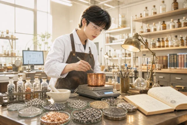 실험실에서 집게로 도가니를 다루며 고엔트로피 금속을 만드는 연금술사 패러디 금속공학 학생
