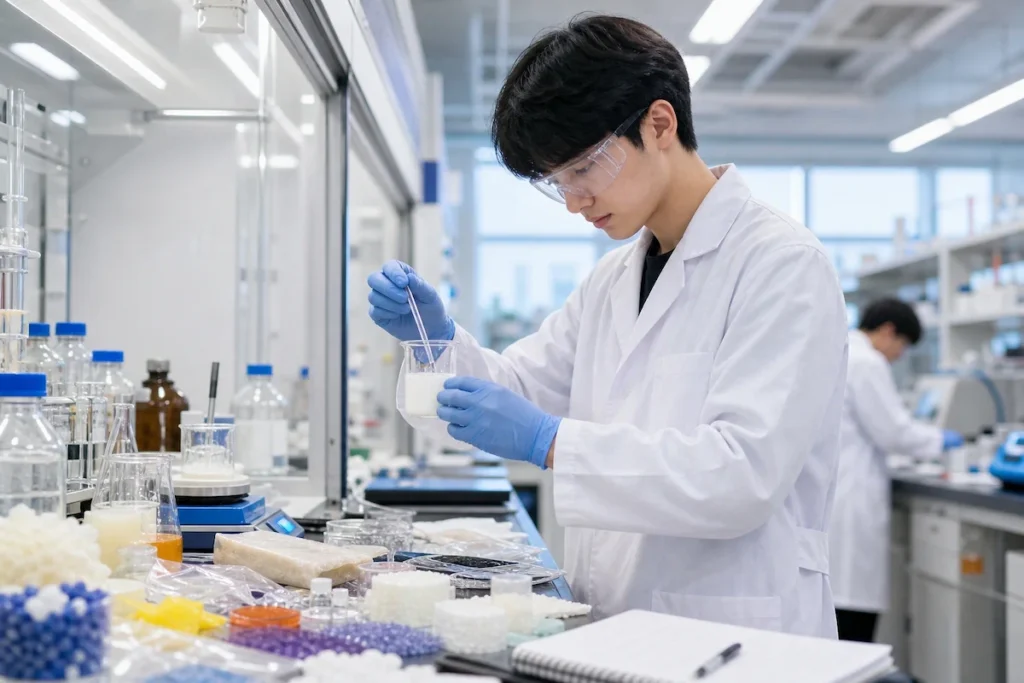 비커에서 화학 용액을 교반하는 신소재공학 연구원