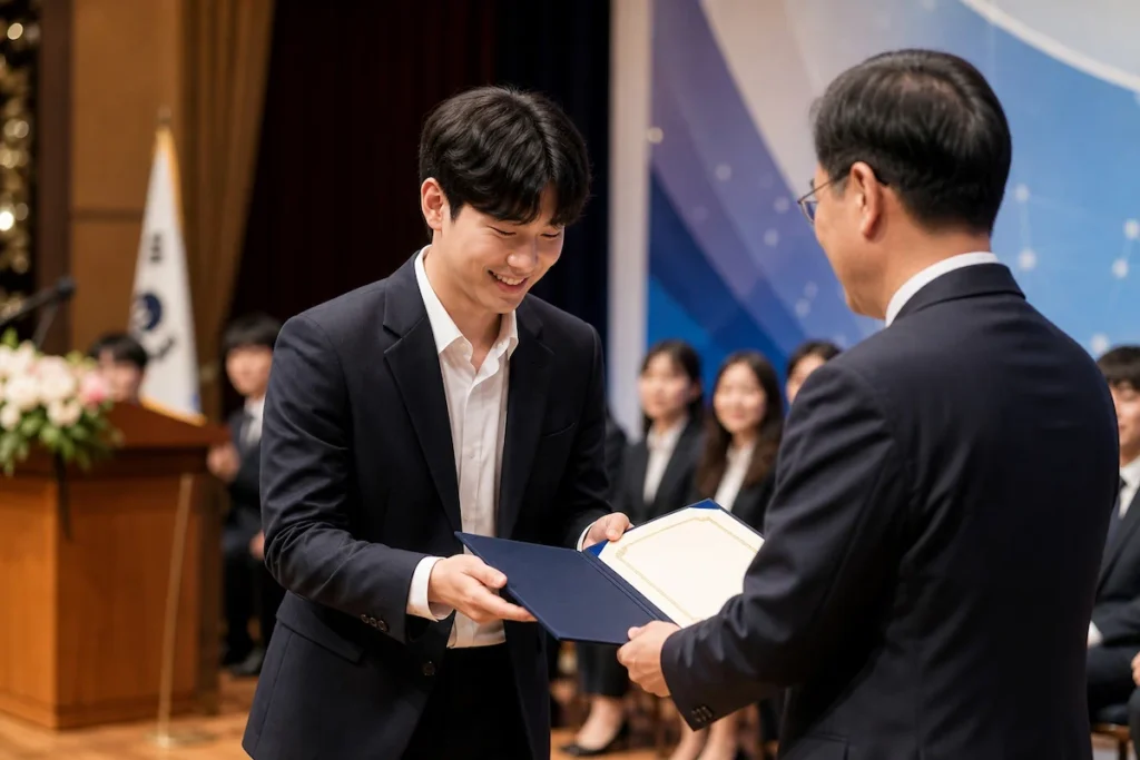장학증서를 받는 장학생