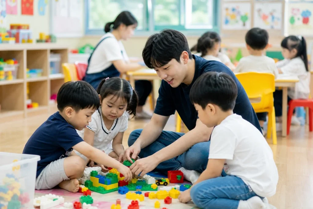 보육원 자원 봉사하는 대학생들 