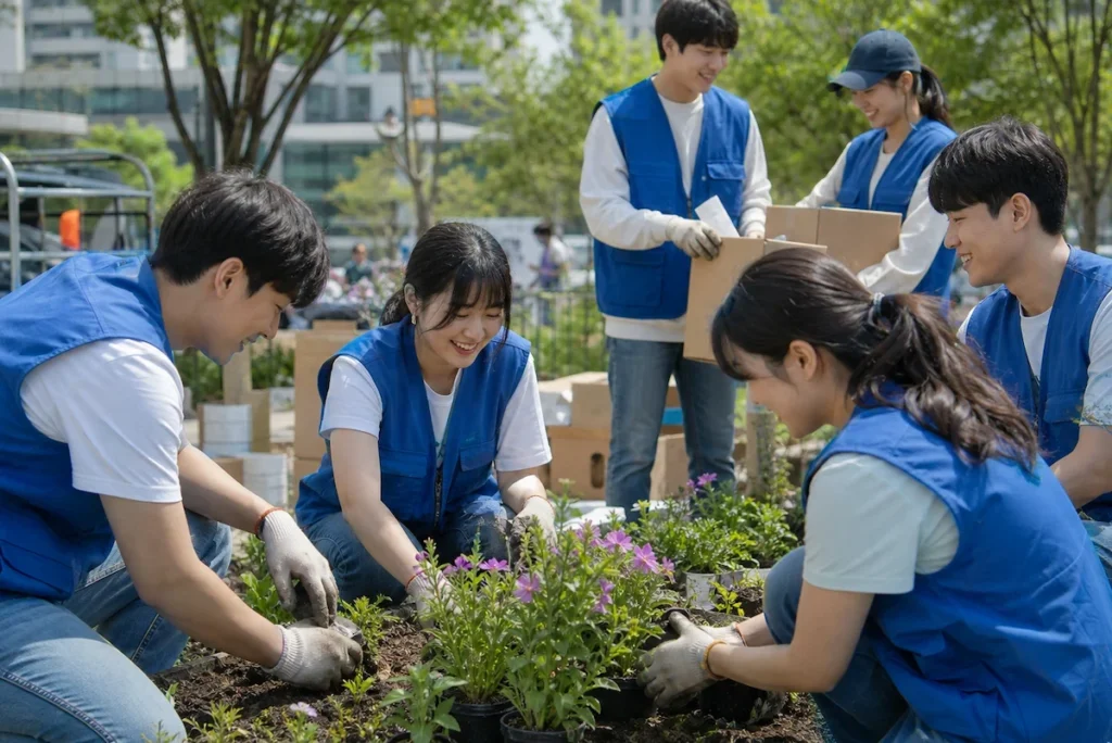 야외 지역사회 공간에서 함께 봉사활동을 하는 장학생들