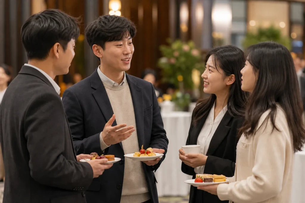 신년 모임에서 서로 인사하고 대화하는 장학생들