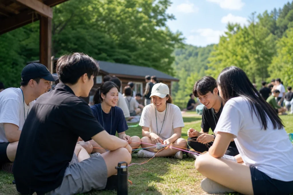 여름 캠프에서 팀 활동 프로그램에 참여하는 학생들