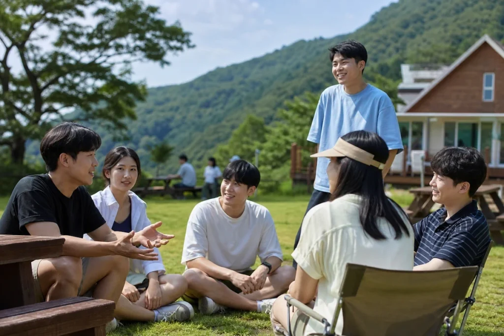 야외 수련원에서 팀빌딩 활동을 하는 장학생들