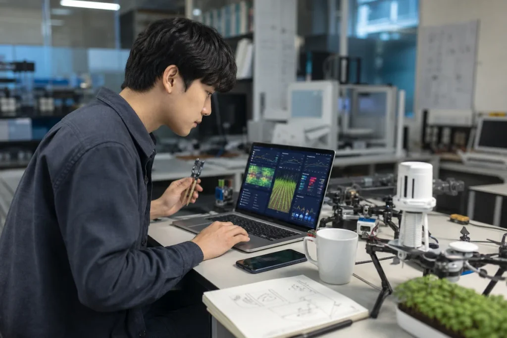 노트북으로 AI 농업 데이터를 분석하고 IoT 센서를 다루는 학생