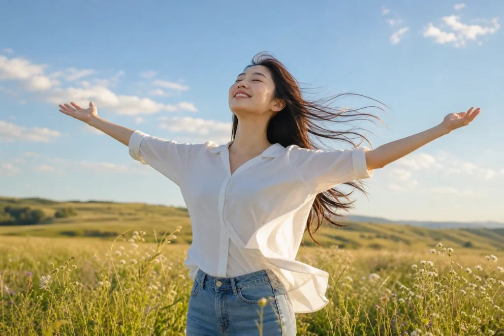 들판에서 양팔을 벌려 바람의 흐름을 느끼는 항공우주공학과 학생
