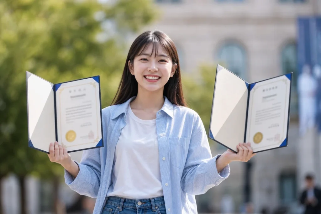 두 개의 장학증서를 들어올리며 환호하는 대학생