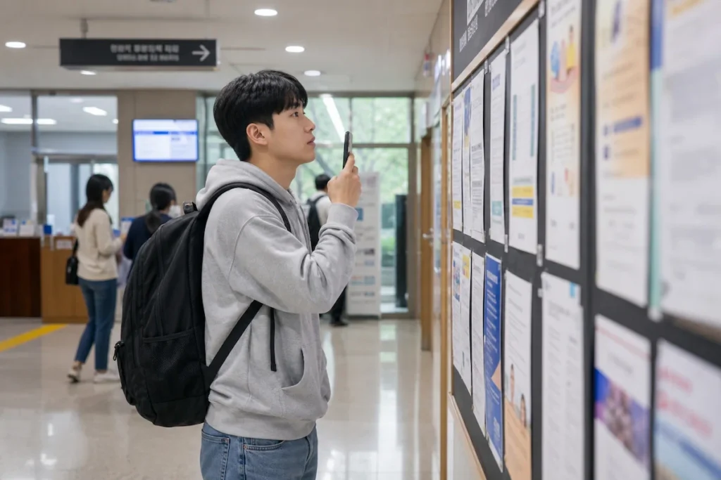 장학사무실 게시판 공지를 확인하는 대학생