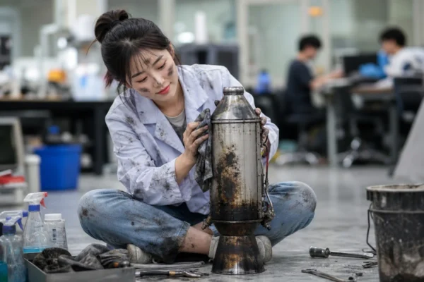 실험실 바닥에 앉아 회수된 소형 로켓 부스터를 청소하는 항공우주공학과 여학생
