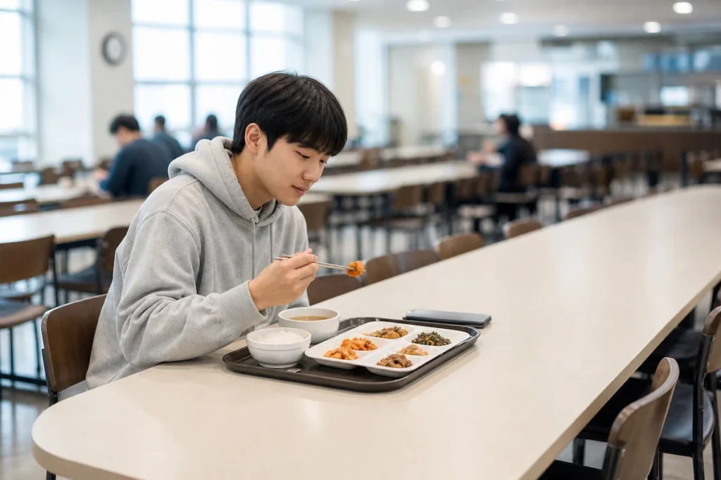 향토학사 식당에서 식사하는 대학생