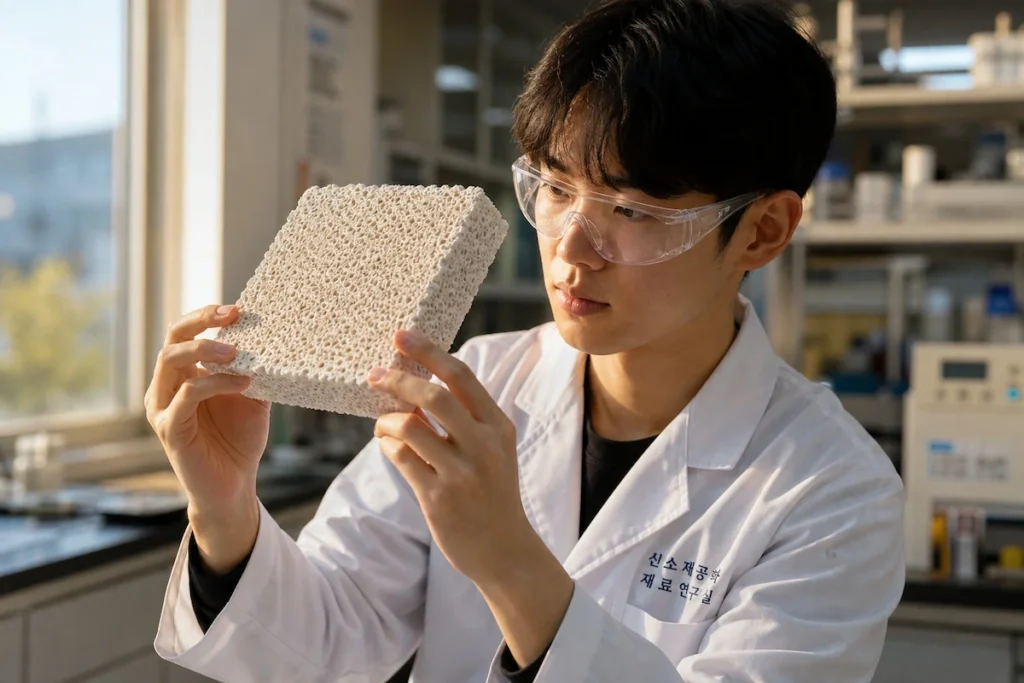 경량 다공성 세라믹 타일을 검사하는 신소재공학과 학생
