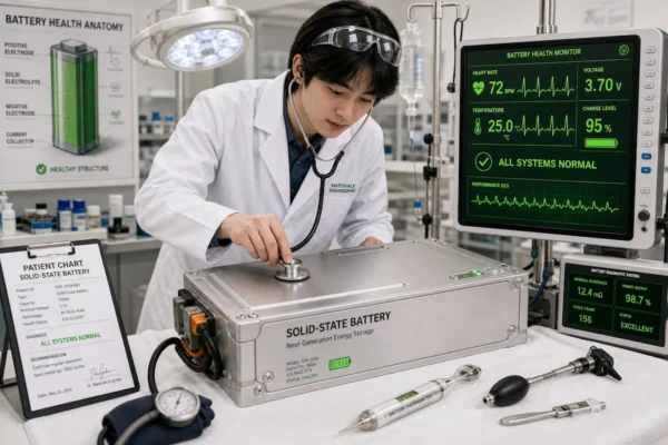 청진기로 전고체 배터리를 진찰하는 의사 복장 학생과 녹색 정상 바이탈 사인 모니터 패러디