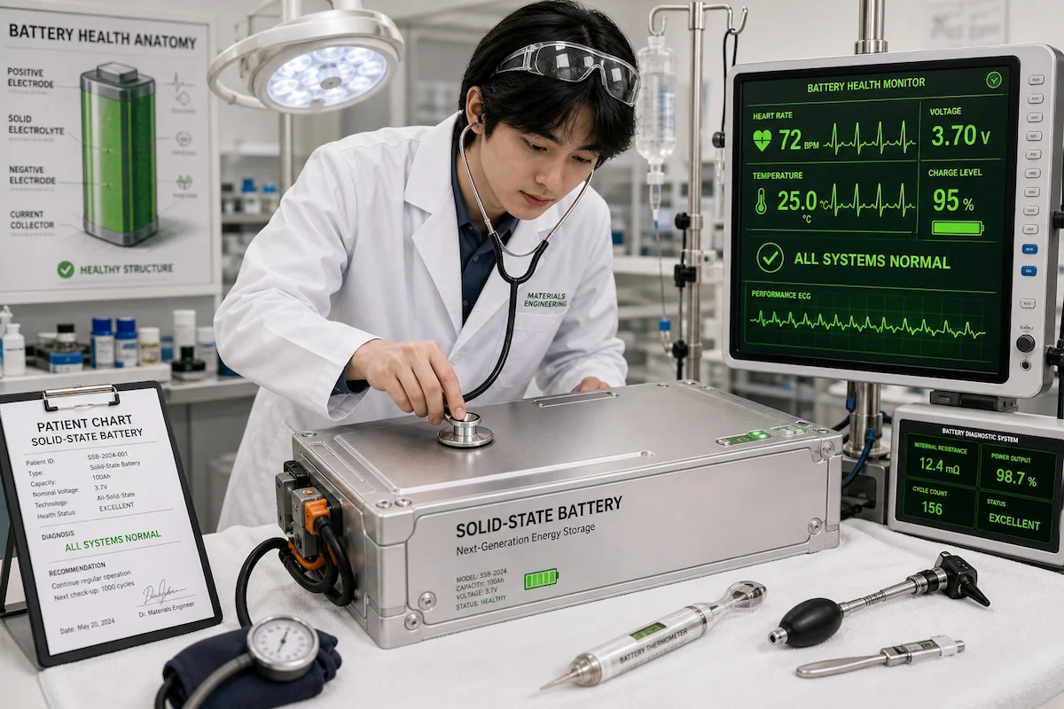 청진기로 전고체 배터리를 진찰하는 의사 복장 학생과 녹색 정상 바이탈 사인 모니터 패러디