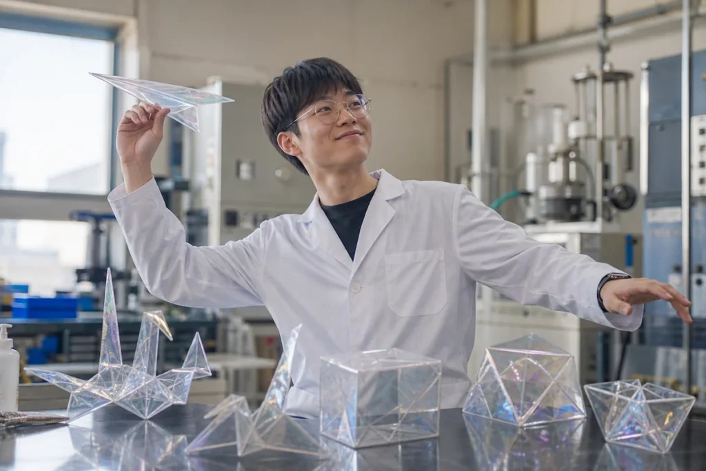 투명 CPI 플라스틱으로 종이비행기를 만드는 고분자공학과 학생