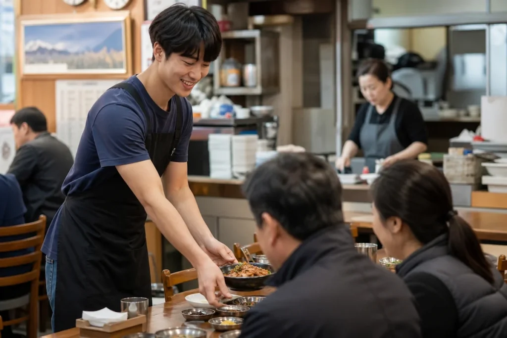 가족이 운영하는 식당에서 일을 돕는 학생