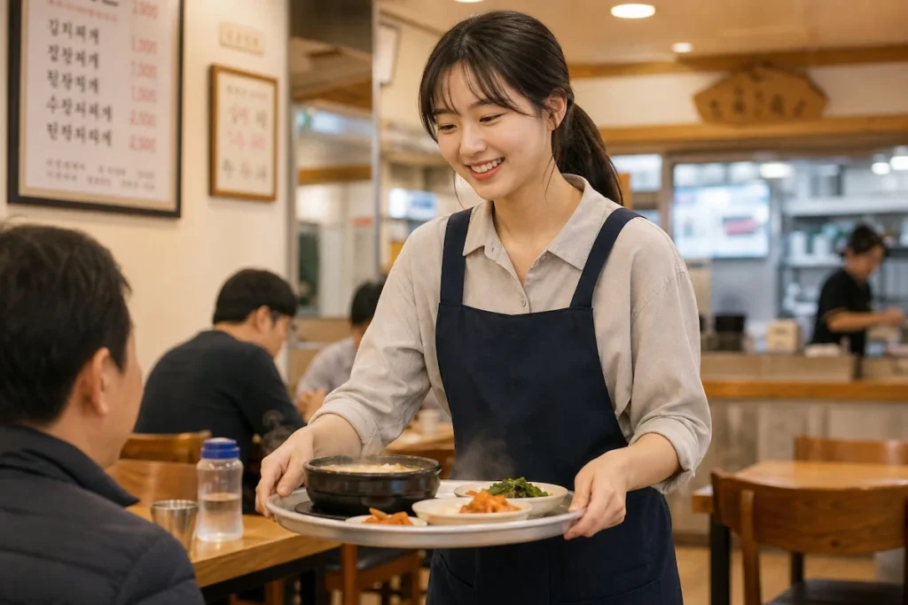 부모님 식당에서 일을 돕는 여대생