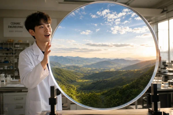 거대한 세라믹 유리 렌즈로 아름다운 풍경을 바라보는 세라믹공학과 학생