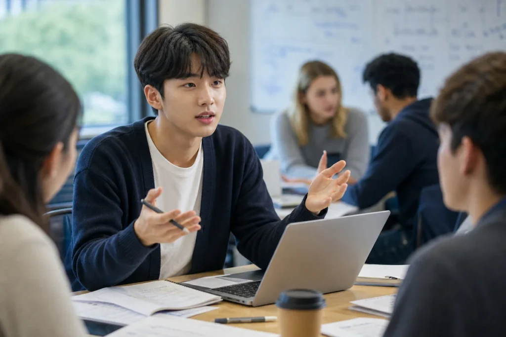 팀 프로젝트 회의에 참여하는 학생