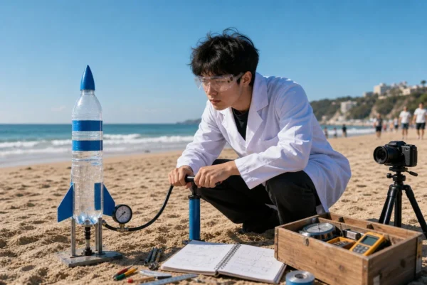 물로켓 하나를 발사 준비하며 진지하게 연구하는 항공우주공학과 추진 연소 트랙 학생 패러디