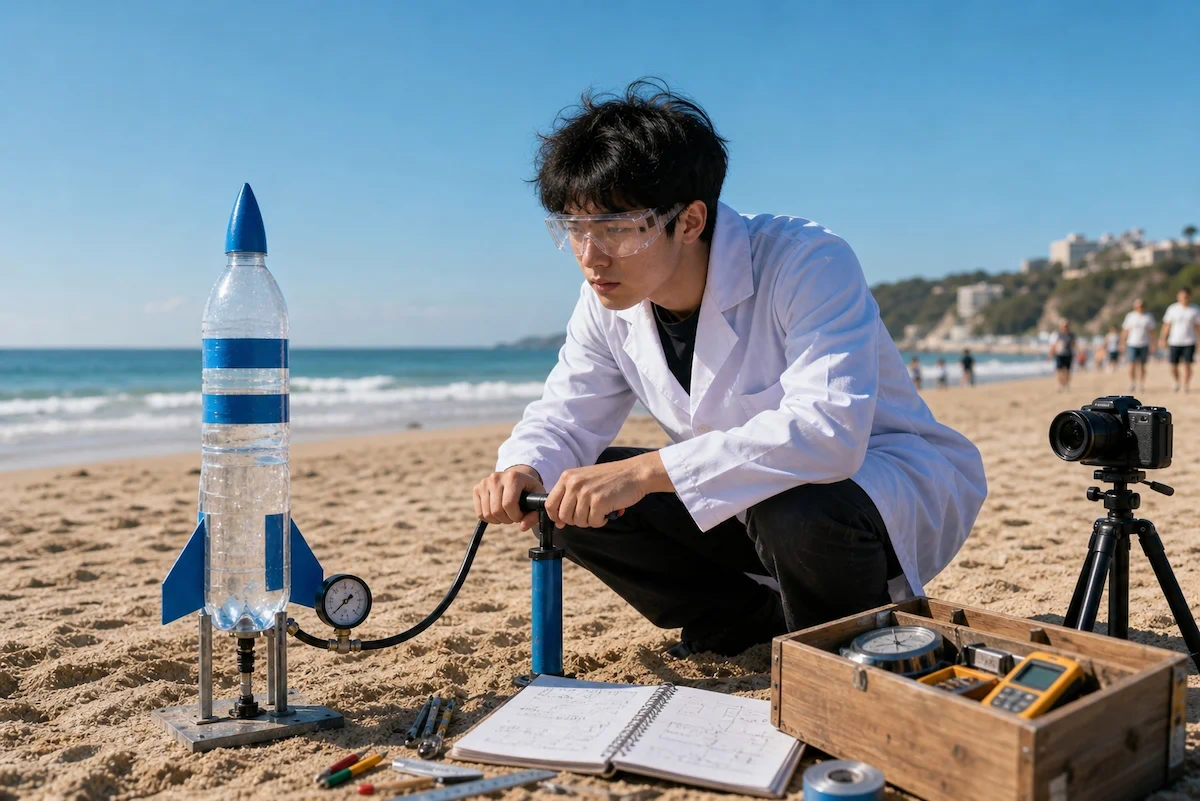 물로켓 하나를 발사 준비하며 진지하게 연구하는 항공우주공학과 추진 연소 트랙 학생 패러디