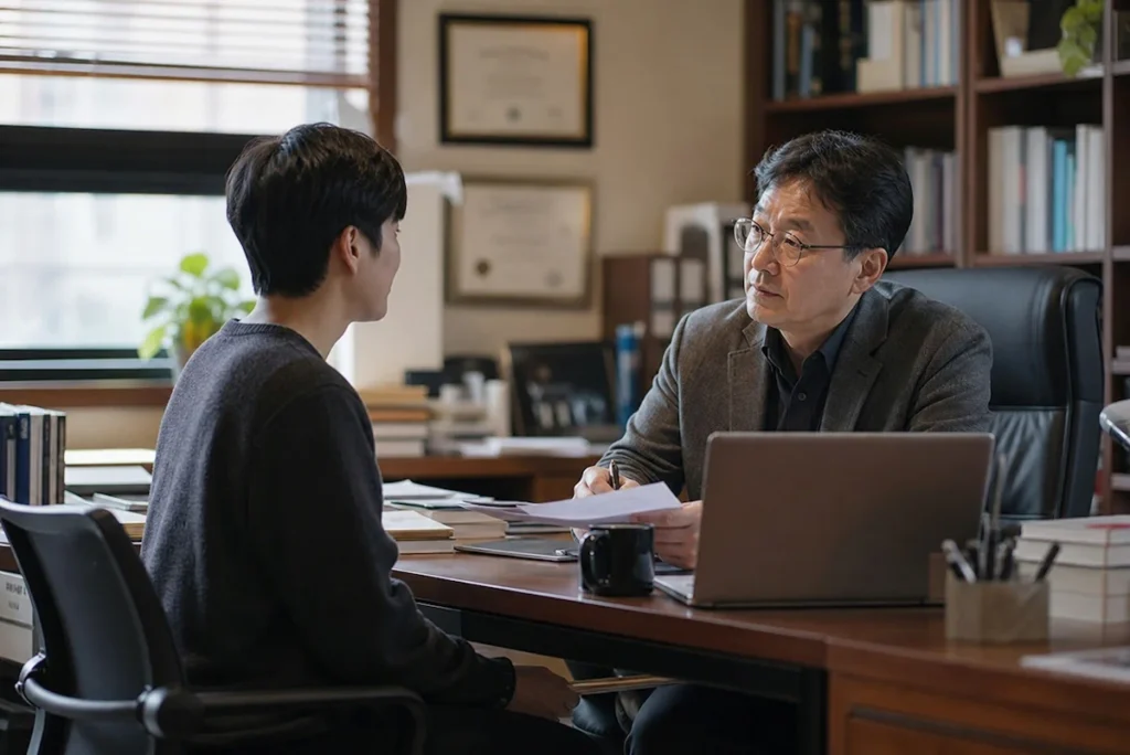교수 연구실에서 장학금 추천서에 대해 상담하는 대학생과 교수