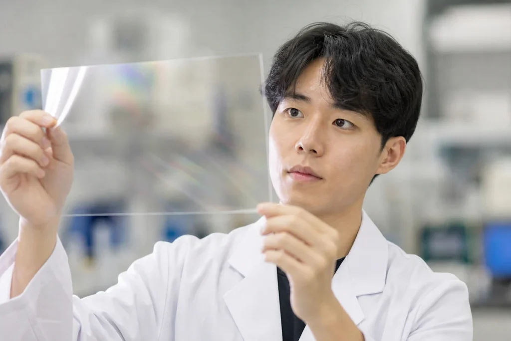 무색 폴리이미드 CPI 필름을 연구하는 고분자공학과 학생
