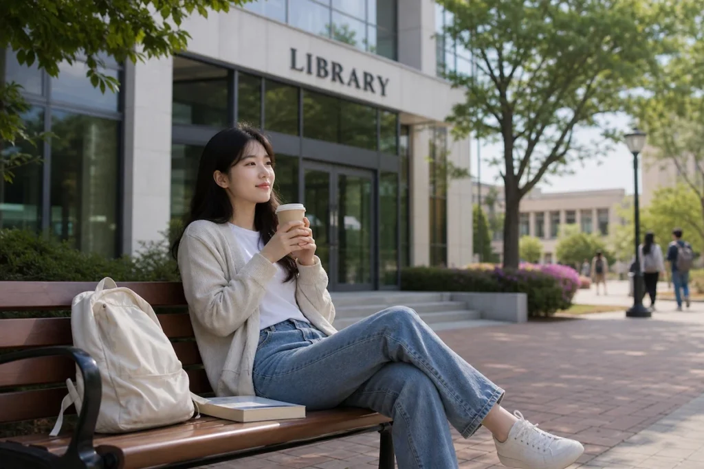 도서관 앞 벤치에서 휴식하는 학생