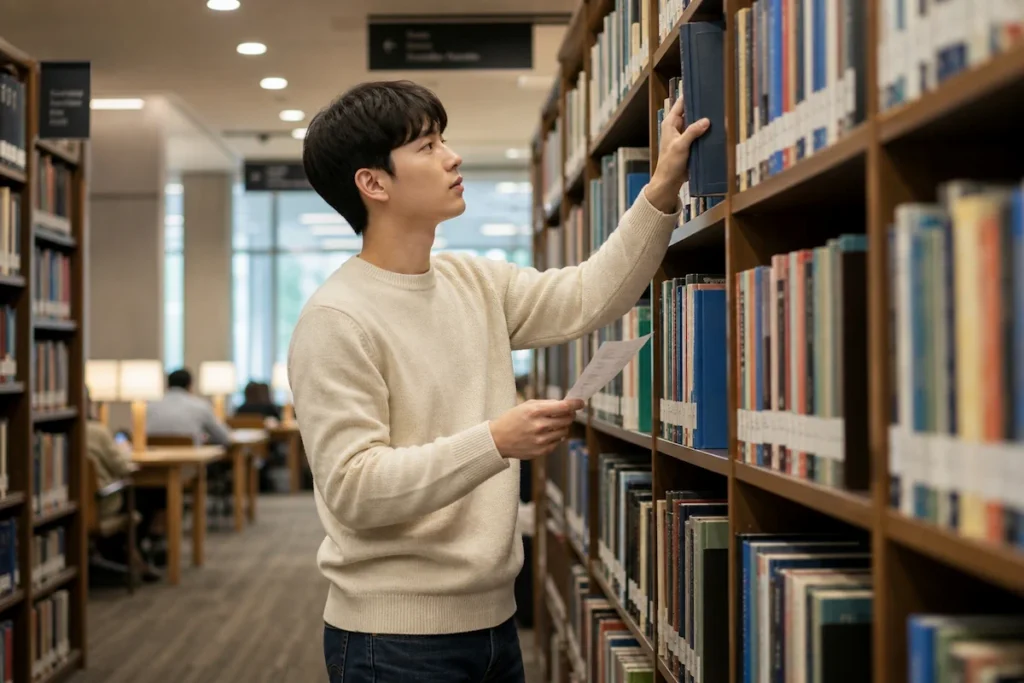 대학 도서관에서 책을 찾는 학생