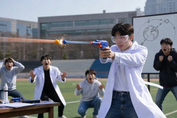 날아오는 발사체를 자신의 발사체로 공중에서 맞추는 항공우주공학과 학생 패러디