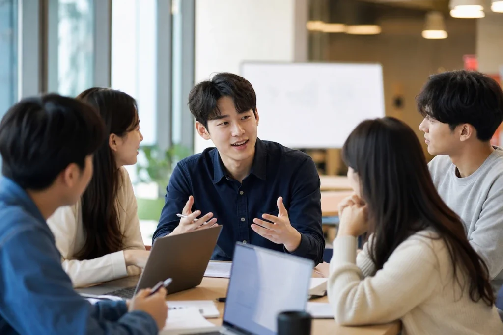 팀 미팅에서 리더십을 보여주는 학생