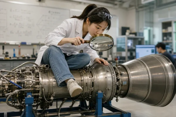 로켓 엔진 위에 앉아 돋보기로 엔진 표면을 정밀 탐구하는 항공우주공학과 여학생 패러디