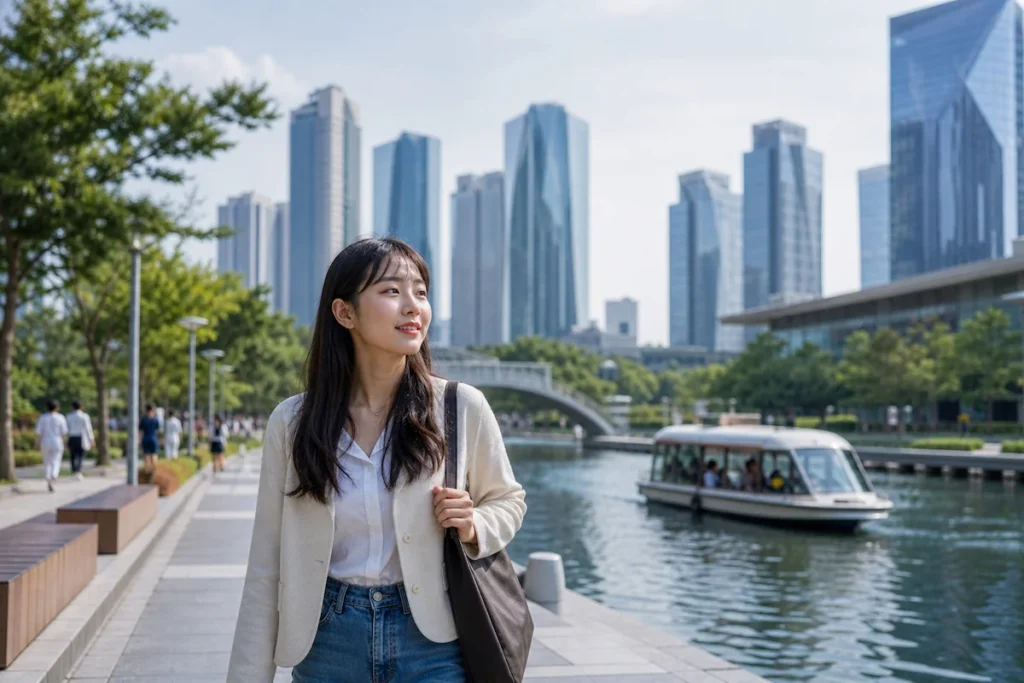 송도 센트럴파크를 걷는 여대생