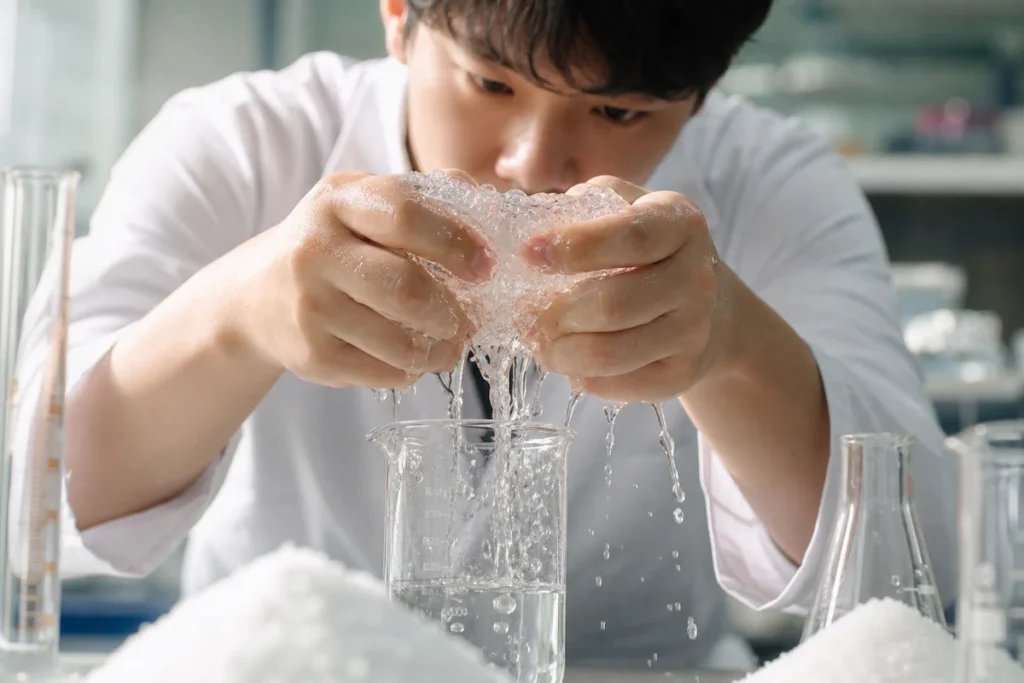 하이드로겔을 짜서 물을 방출하는 고분자공학과 학생