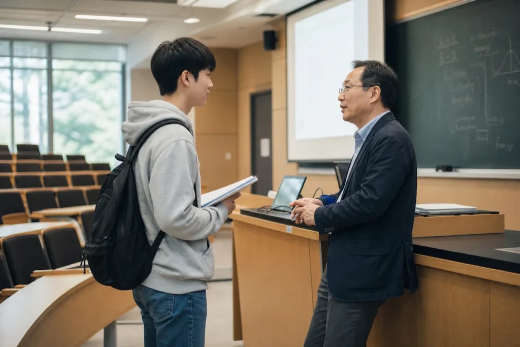 강의실에서 교수와 상담하는 학생