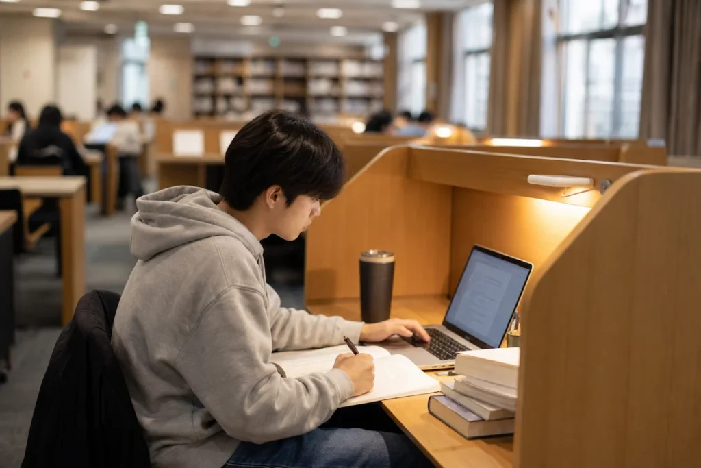 향토학사 기숙사 독서실에서 공부하는 학생