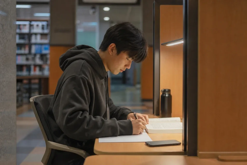 도서관에서 공부하는 대학생