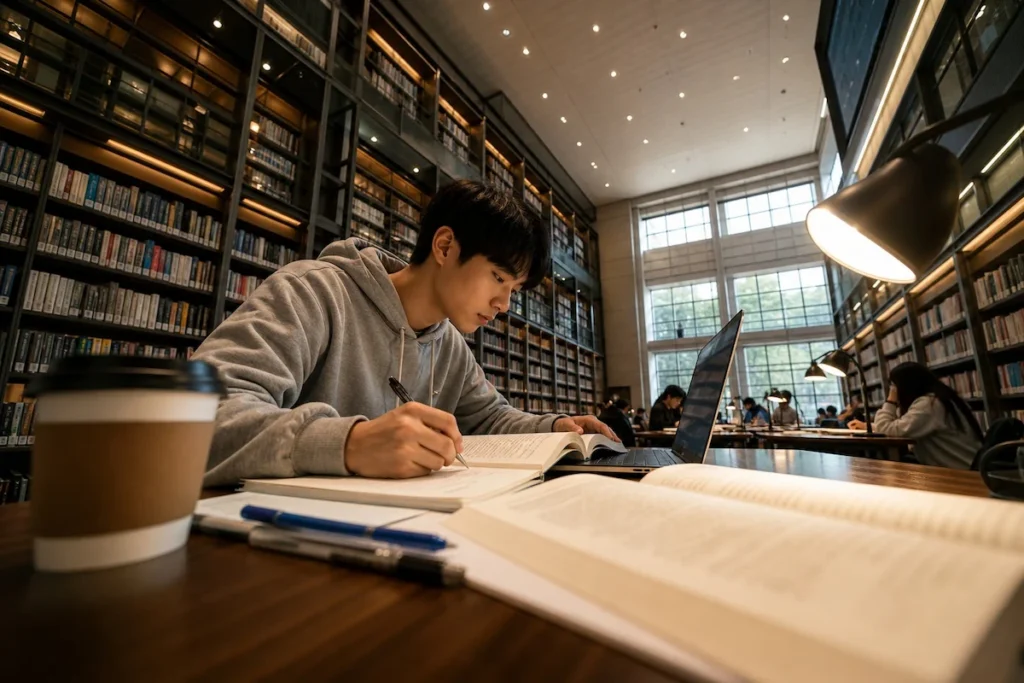 도서관에서 공부하는 대학생
