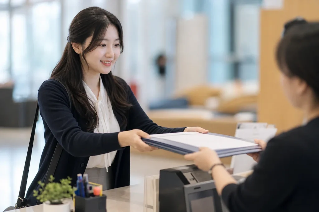 지역장학재단 접수처에서 장학생 신청 서류를 제출하는 대학생 