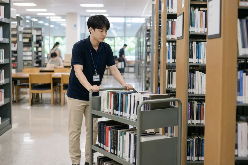 도서관에서 일하는 교내 근로 장학생