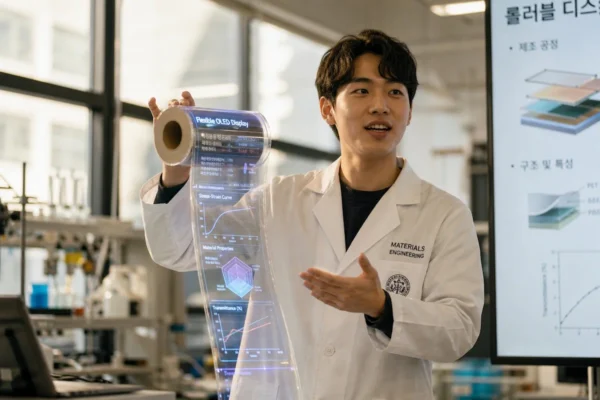 두루마리 휴지처럼 생긴 투명 플렉시블 OLED 디스플레이를 펼치며 데이터 그래프와 차트를 보여주며 프레젠테이션을 하는 신소재공학과 학생