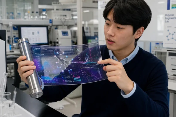 투명 폴리이미드 롤러블 태블릿 기기를 사용하는 고분자공학과 학생