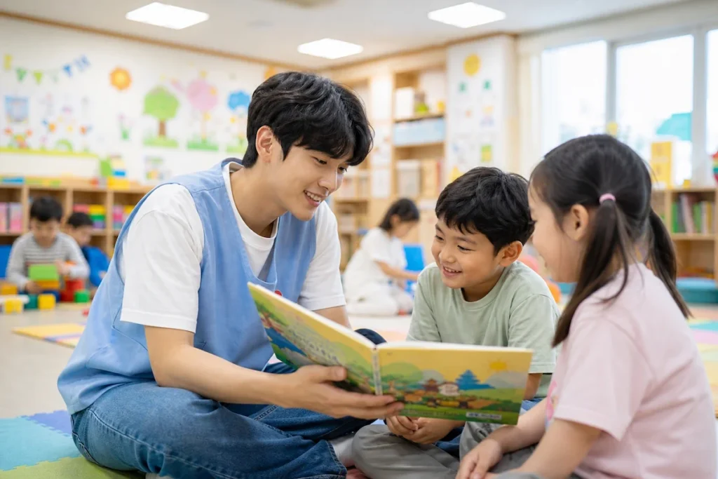 사회복지관에서 아이들과 봉사활동하는 대학생
