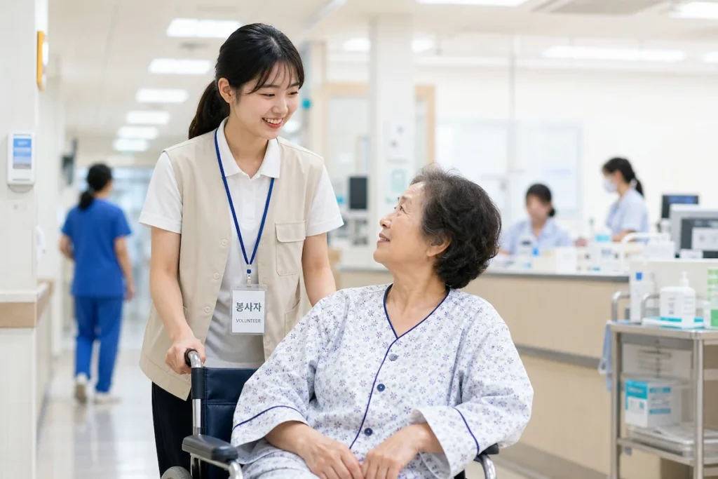 병원에서 봉사활동을 하는 여대생
