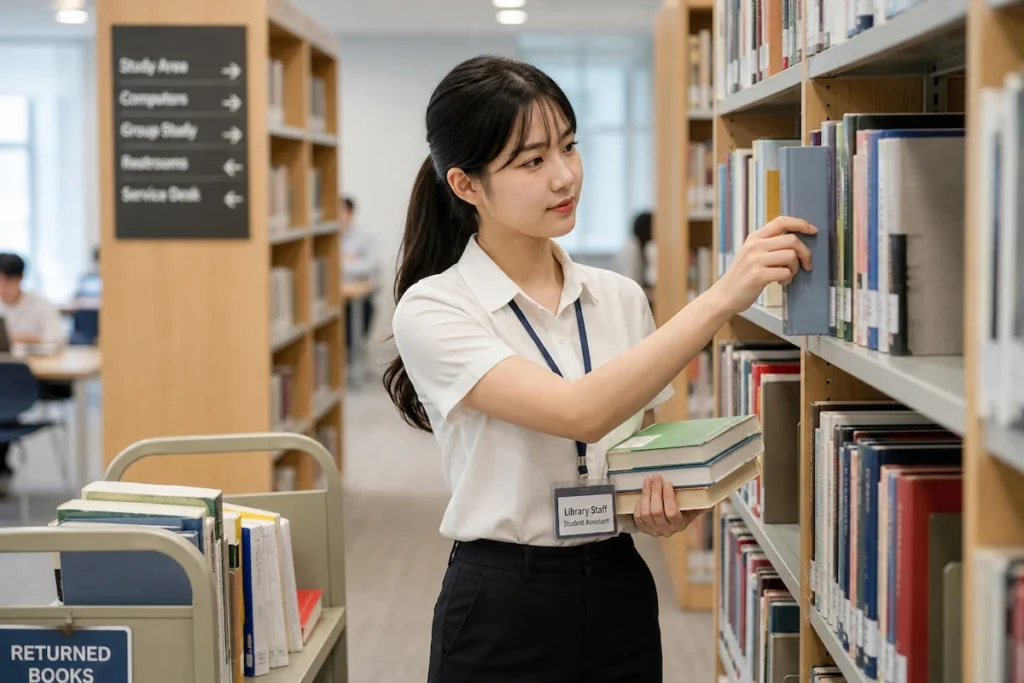학교 도서관에서 일하는 대학생